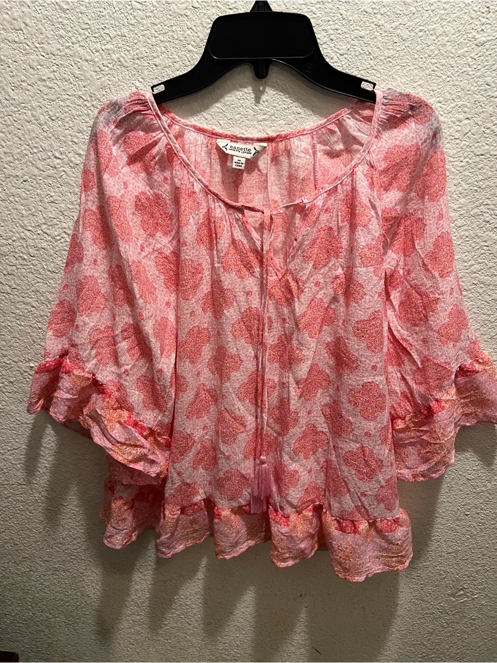 Nanette Lepore Pink Coral Floral Tie-Front Peasant Blouse